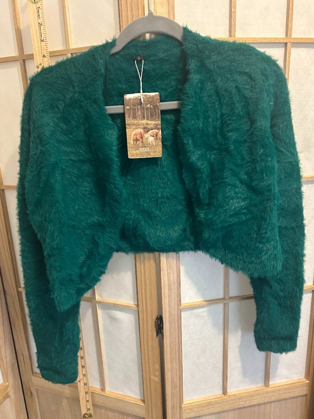Arach & Cloz Green Fuzzy Cropped Wool Cardigan/Shrug S NWT